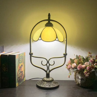 Tiffany Vintage Flower Stained Glass Shade Metal Base 1-Light Table Lamp