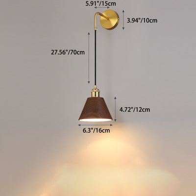 Lámpara de aplique de pared de 1 luz, cilindro de mesa redonda minimalista moderna, hierro, vetas de madera de nogal, para dormitorio 