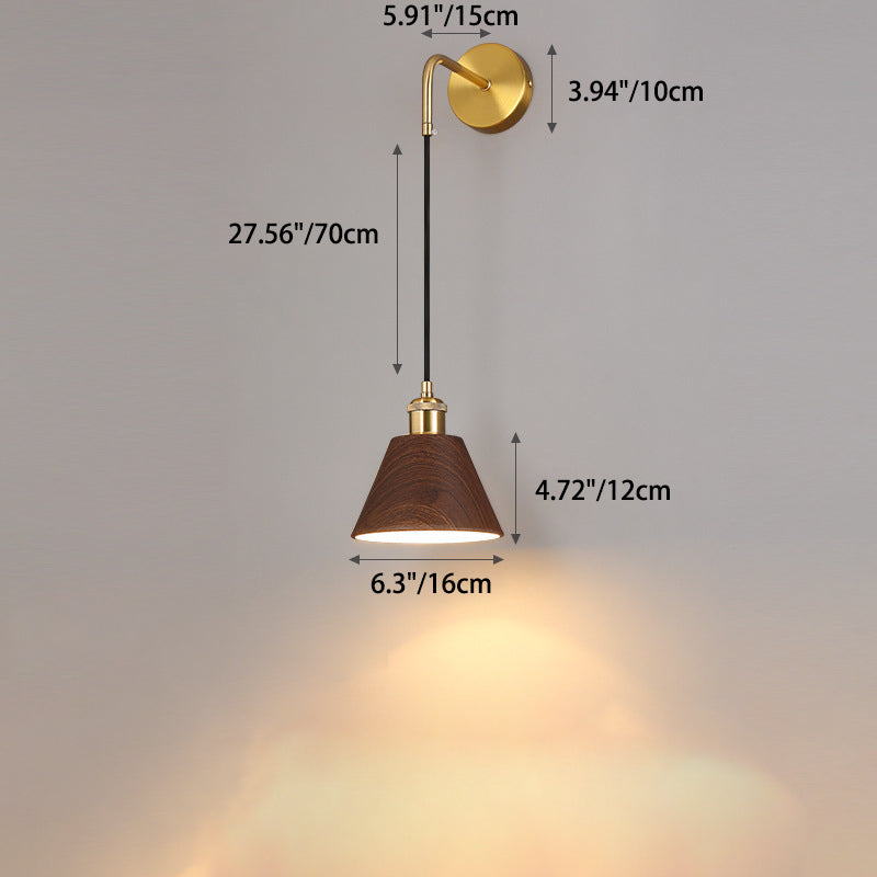 Lámpara de aplique de pared de 1 luz, cilindro de mesa redonda minimalista moderna, hierro, vetas de madera de nogal, para dormitorio 