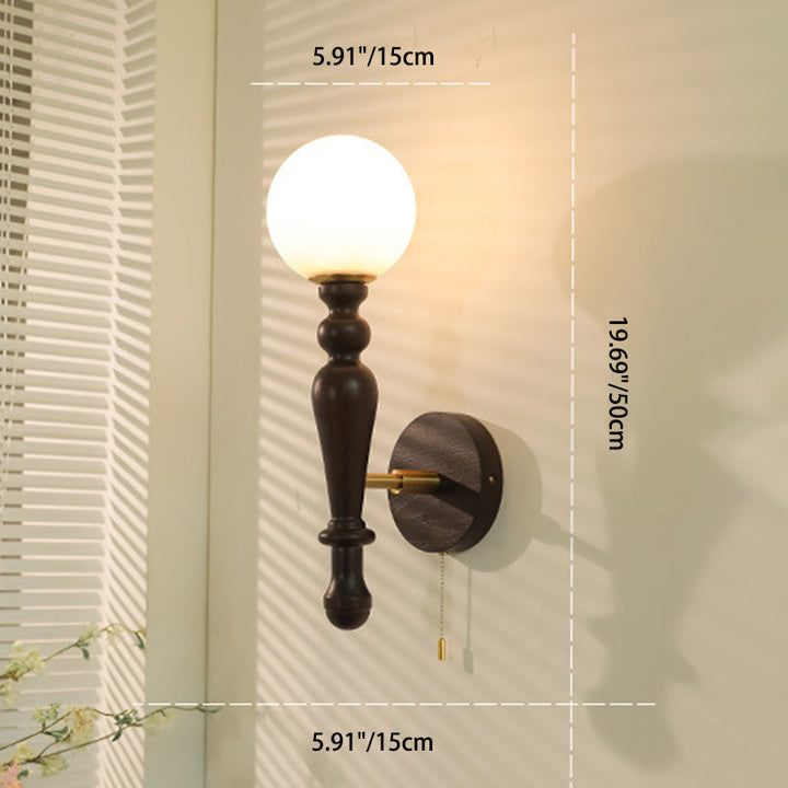 Applique murale contemporaine rétro en bois, aluminium et verre avec boule à 1 lumière pour chambre 