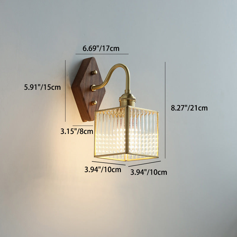 Applique Murale Traditionnelle Vintage Carrée en Verre de Cuivre et Bois à 1 Lumière pour Chambre 