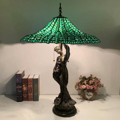 Traditional Tiffany Umbrella Goddess Copper Stained Glass 3-Light Table Lamp For Bedroom