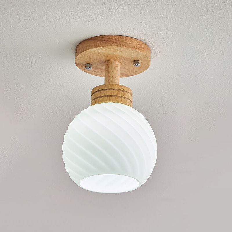 Traditional Japanese Spherical Glass Shape Wood Base1-Light Semi-Flush Mount Ceiling Light For Living Room