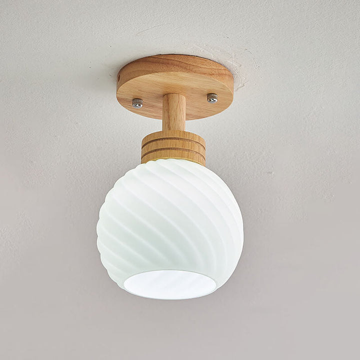 Traditional Japanese Spherical Glass Shape Wood Base1-Light Semi-Flush Mount Ceiling Light For Living Room