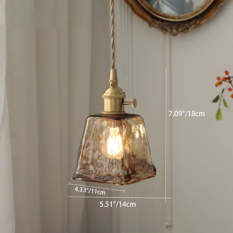 Modern Eclectic Amber Brass Glass Geometric Jar 1-Light Pendant Light For Living Room