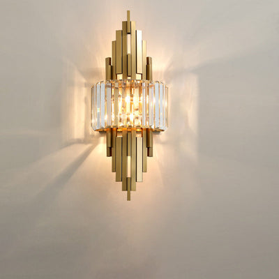 Zeitgenössische Luxus Metall Hardware Kristall Zylinder Streifen Rhombischen 2-Licht Wand Leuchte Lampe Für Wohnzimmer 