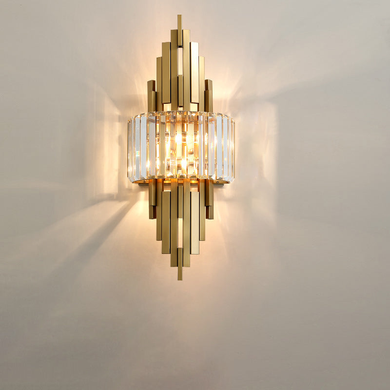 Zeitgenössische Luxus Metall Hardware Kristall Zylinder Streifen Rhombischen 2-Licht Wand Leuchte Lampe Für Wohnzimmer 