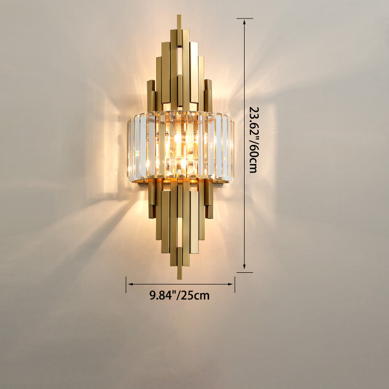 Zeitgenössische Luxus Metall Hardware Kristall Zylinder Streifen Rhombischen 2-Licht Wand Leuchte Lampe Für Wohnzimmer 