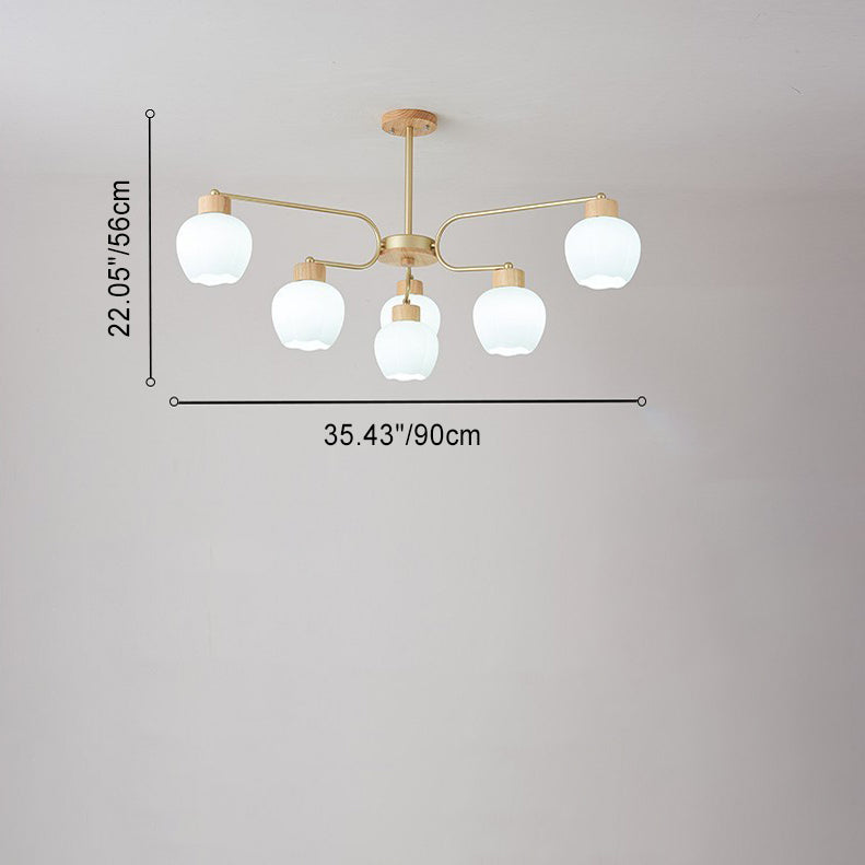 Moderne minimalistische gebogene Stange weiße Glockenblume Hardware Holz Glas 6/10 Licht Kronleuchter für Wohnzimmer 