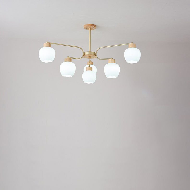 Moderne minimalistische gebogene Stange weiße Glockenblume Hardware Holz Glas 6/10 Licht Kronleuchter für Wohnzimmer 