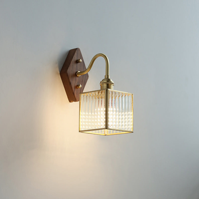 Applique Murale Traditionnelle Vintage Carrée en Verre de Cuivre et Bois à 1 Lumière pour Chambre 