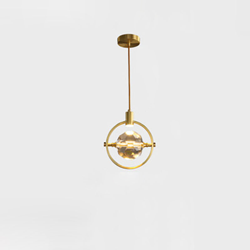Modern Luxury Full Copper Circle Ring Crystal Ball 1-Light Pendant Light For Living Room