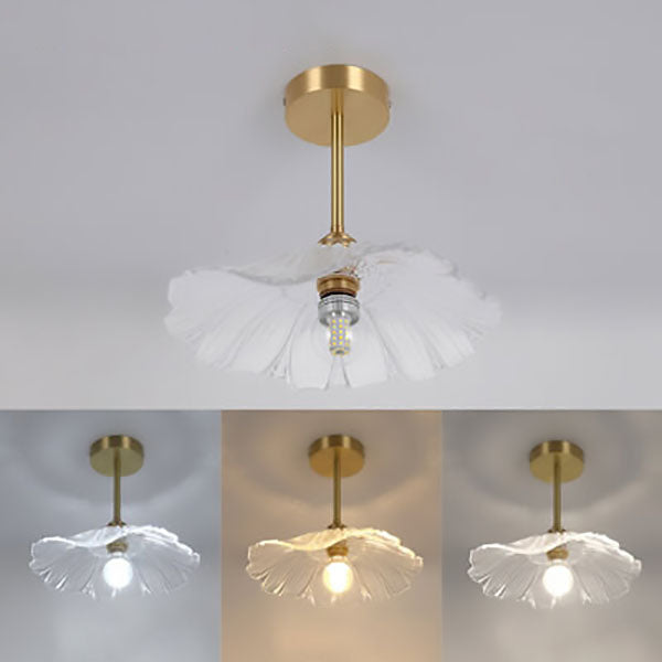 Modern Luxury Brass Glass Flower-Shaped 1-Light Semi-Flush Mount Ceiling Light