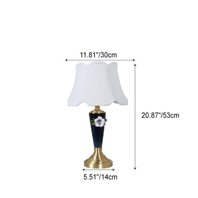 Vintage European Ceramic Floral Pleated Fabric 1-Light Table Lamp