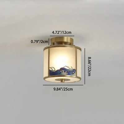Traditionelle chinesische Malerei Zylinder Kupfer Löten 1-Licht Semi-Flush Mount Deckenleuchte für Schlafzimmer 