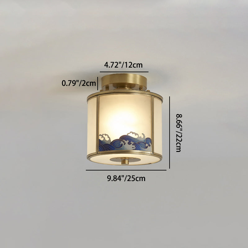Traditionelle chinesische Malerei Zylinder Kupfer Löten 1-Licht Semi-Flush Mount Deckenleuchte für Schlafzimmer 