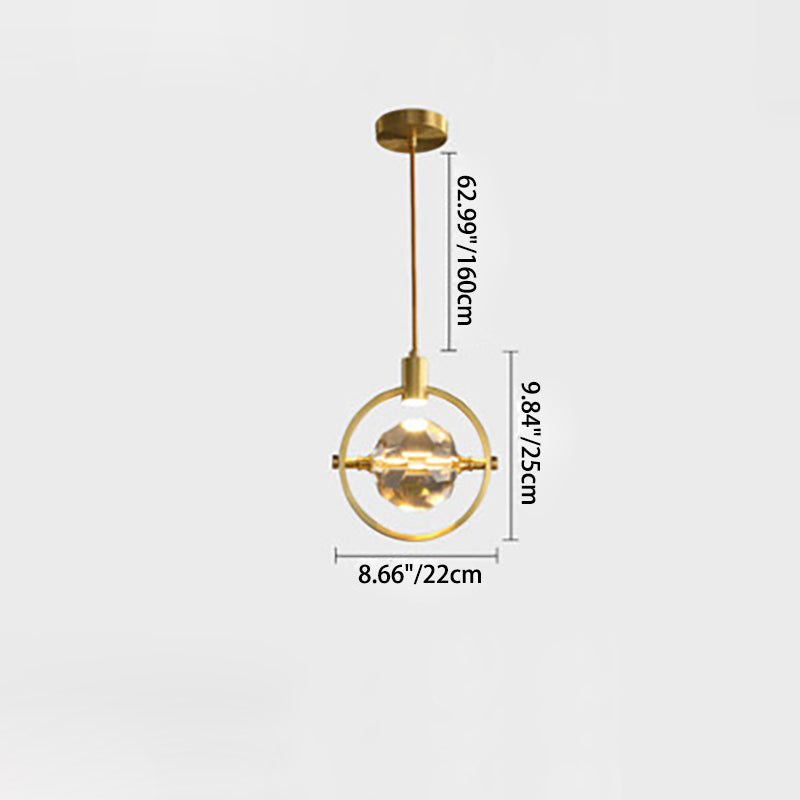 Modern Luxury Full Copper Circle Ring Crystal Ball 1-Light Pendant Light For Living Room