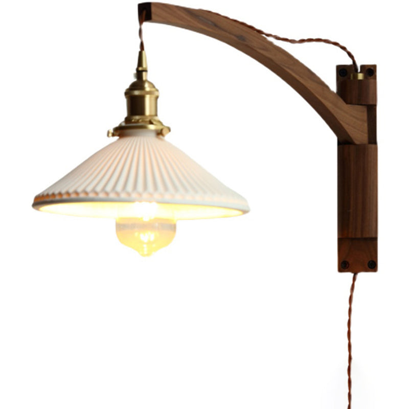 Traditional Japanese Walnut Glass Ceramic Conic Prism 1-Light Wall Sconce Lamp For Bedside