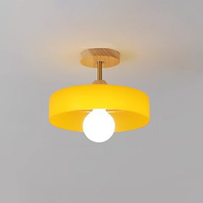 Moderne minimalistische runde Holzglas-Deckenleuchte mit 1 Licht, halbbündige Montage für Wohnzimmer 