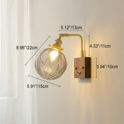 Japanese Vintage Textured Glass Round Ball Walnut Brass 1-Light Wall Sconce Lamp