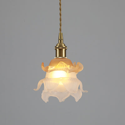 Lámpara colgante de 1 luz de vidrio de latón en forma de flor minimalista moderna para dormitorio 