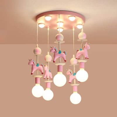 Modern Children's Carousel Eye Protection Resin Iron 1/7/11 Light Flush Mount Ceiling Light