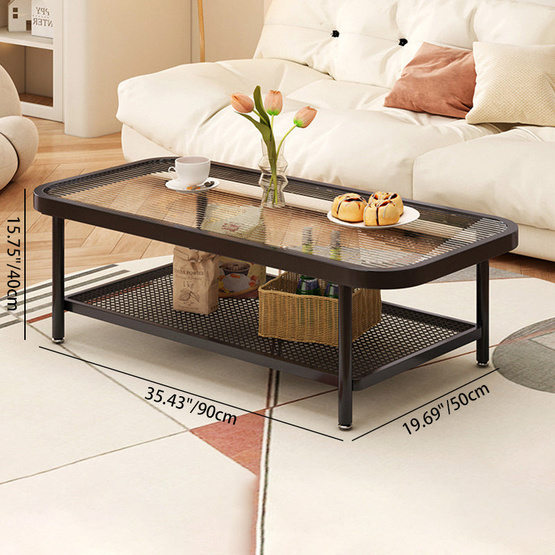 Moderner minimalistischer rechteckiger Glas-Kohlenstoffstahl-Couchtisch mit 2 Ebenen für das Wohnzimmer 