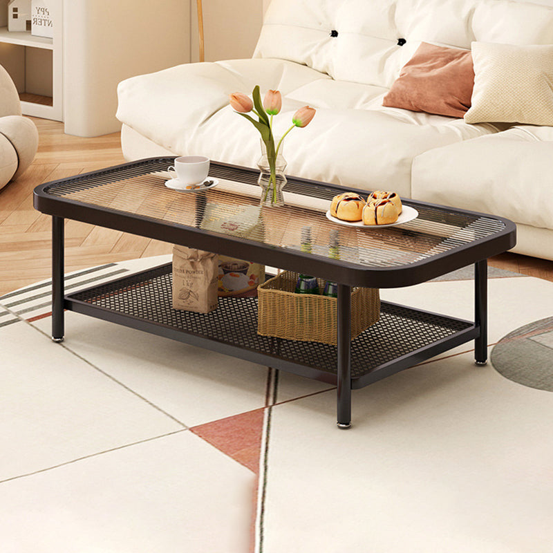 Moderner minimalistischer rechteckiger Glas-Kohlenstoffstahl-Couchtisch mit 2 Ebenen für das Wohnzimmer 
