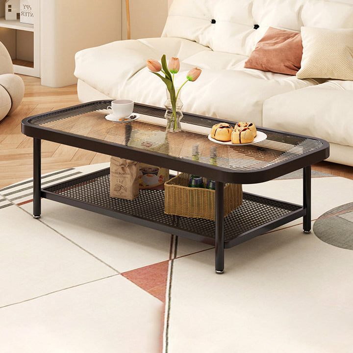 Moderner minimalistischer rechteckiger Glas-Kohlenstoffstahl-Couchtisch mit 2 Ebenen für das Wohnzimmer 