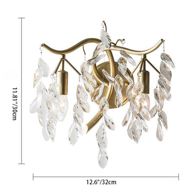 Traditionelle französische Blatt Eisen Kupfer Kristall 2-Licht Wandleuchte Lampe für Wohnzimmer 