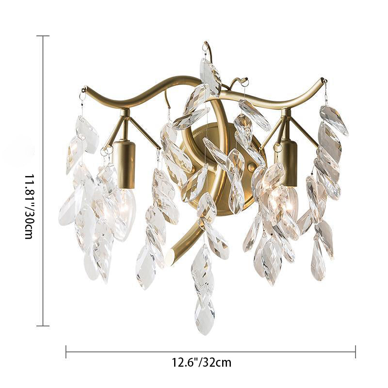 Traditionelle französische Blatt Eisen Kupfer Kristall 2-Licht Wandleuchte Lampe für Wohnzimmer 