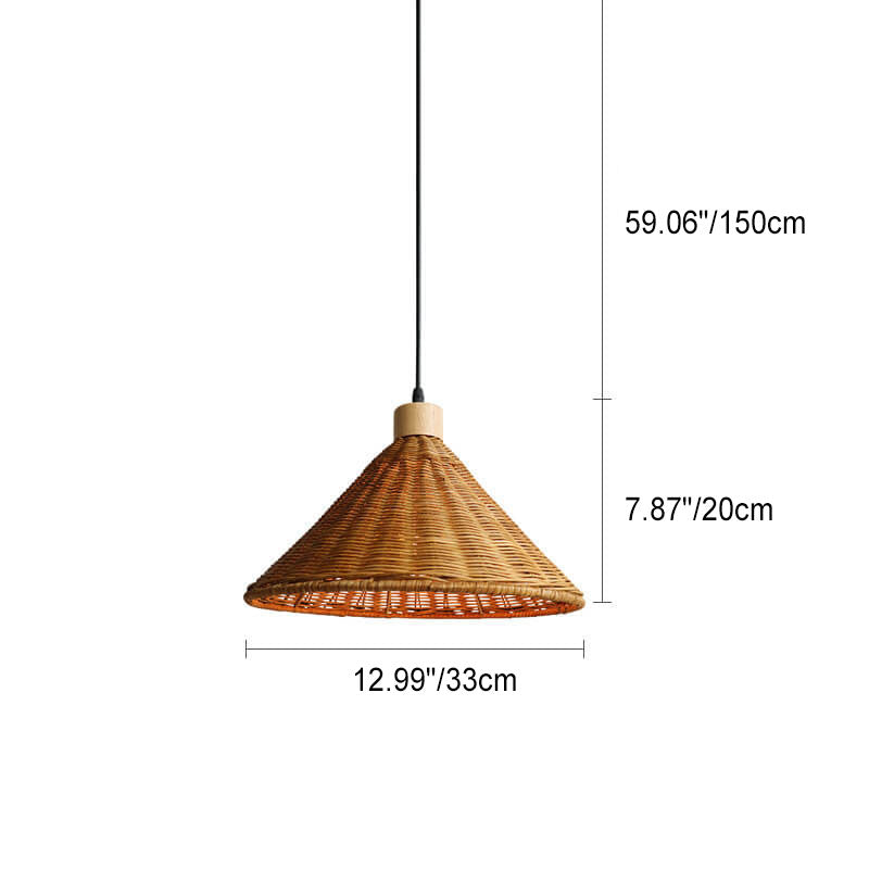 Moderne skandinavische Pendelleuchte mit Rattangeflecht, Eisen und Holz in Kegelform, 1-flammig, für das Wohnzimmer 