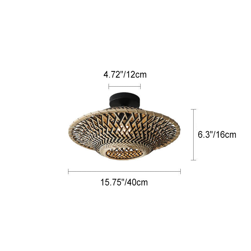 Chinesische Zen-Bambusweberei Fliegende Untertassenform 1-Licht Semi-Flush Mount Deckenleuchte 