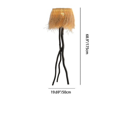 Lampe de sol 1 lumière avec base en résine de branche et abat-jour rond en tissage de bambou rustique traditionnel pour salles de divertissement 