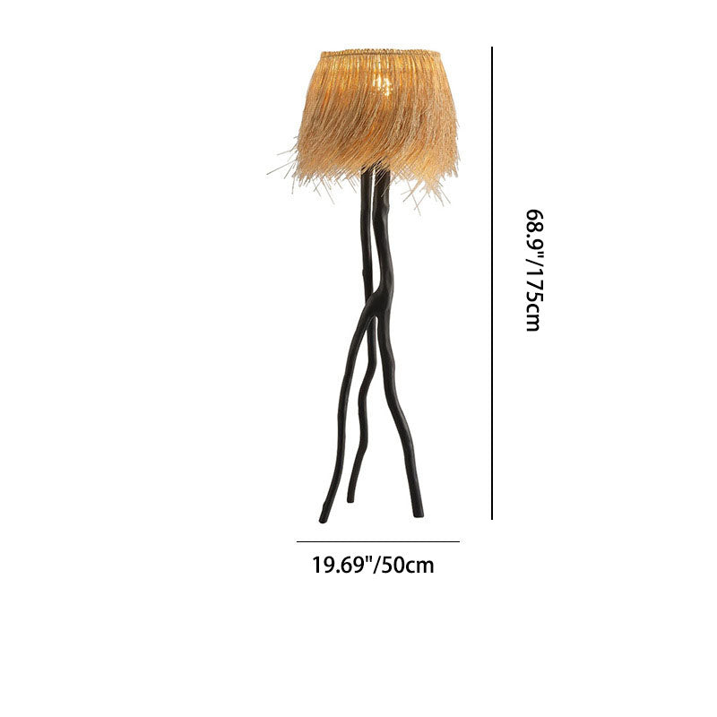 Lampe de sol 1 lumière avec base en résine de branche et abat-jour rond en tissage de bambou rustique traditionnel pour salles de divertissement 
