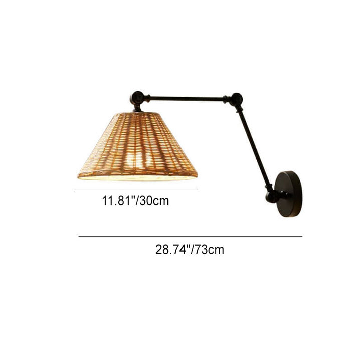 Traditional Rustic Rattan Cone Shade Iron Swing Arm 1-Light Wall Sconce Lamp For Living Room