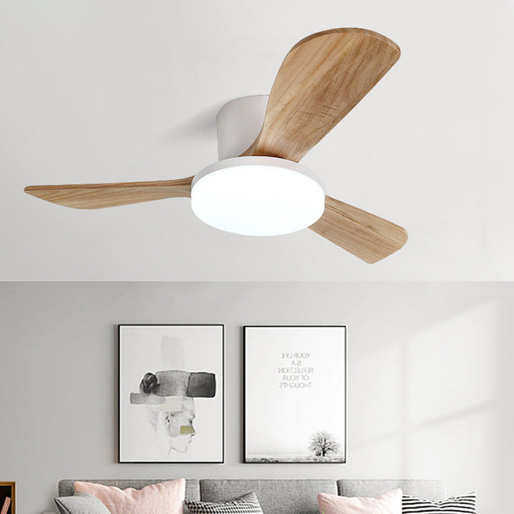 Zeitgenössischer skandinavischer Kupfer-Holz-Acryl-Ventilator LED-Halbeinbau-Deckenventilator für Wohnzimmer