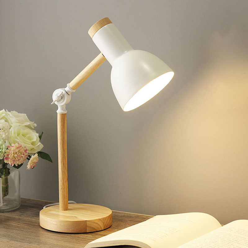 Lámpara de mesa contemporánea nórdica con pantalla semicircular de hierro y base de madera de 1 luz para estudio 
