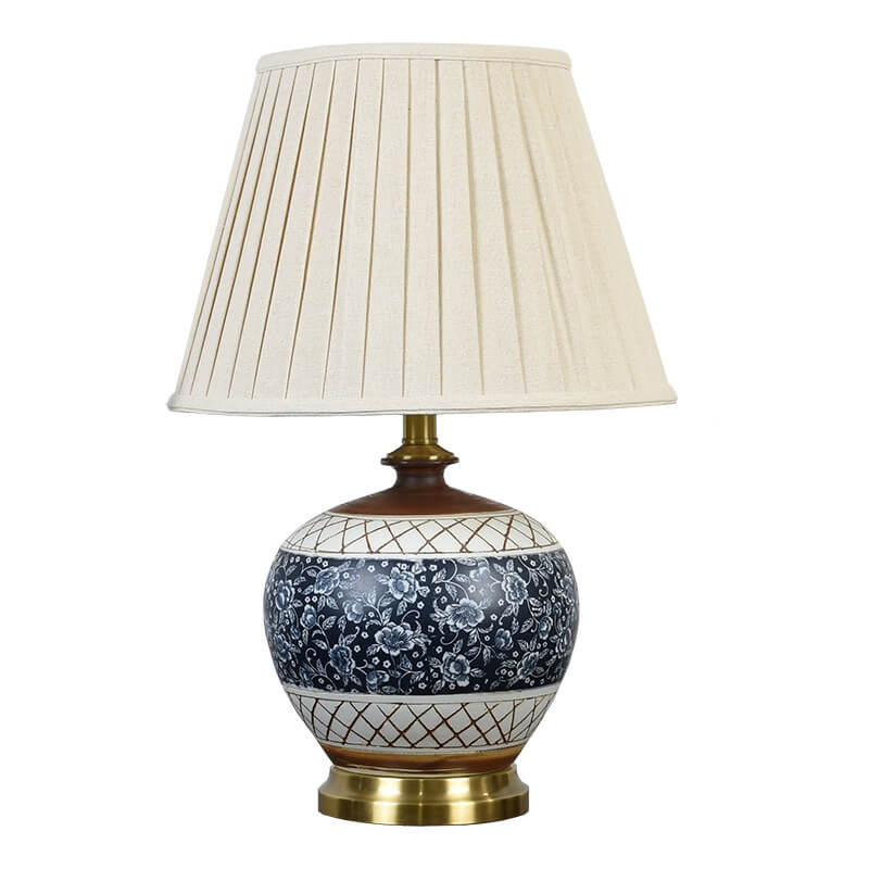 Traditional Chinese Round Ceramic Hardware Fabric Print Pleated Lampshade 1-Light Table Lamp For Bedroom