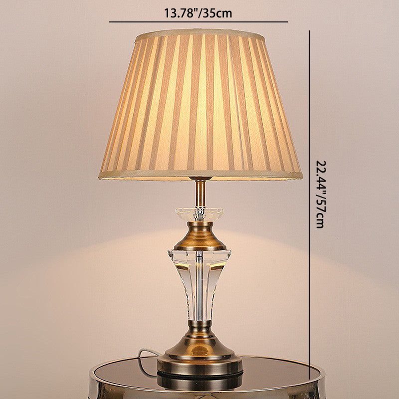 Traditionelle europäische Zylinder-Hardware-Kristallgewebe-1-Licht-Tischlampe für Schlafzimmer 