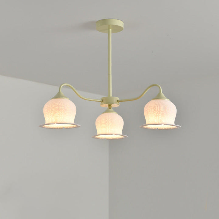 Moderner Art-Deco-Kronleuchter mit Eisenrahmen und PLA-Glocken-Orchideen-Blumenschirm, 3/5/6 Lichter, für Wohnzimmer 