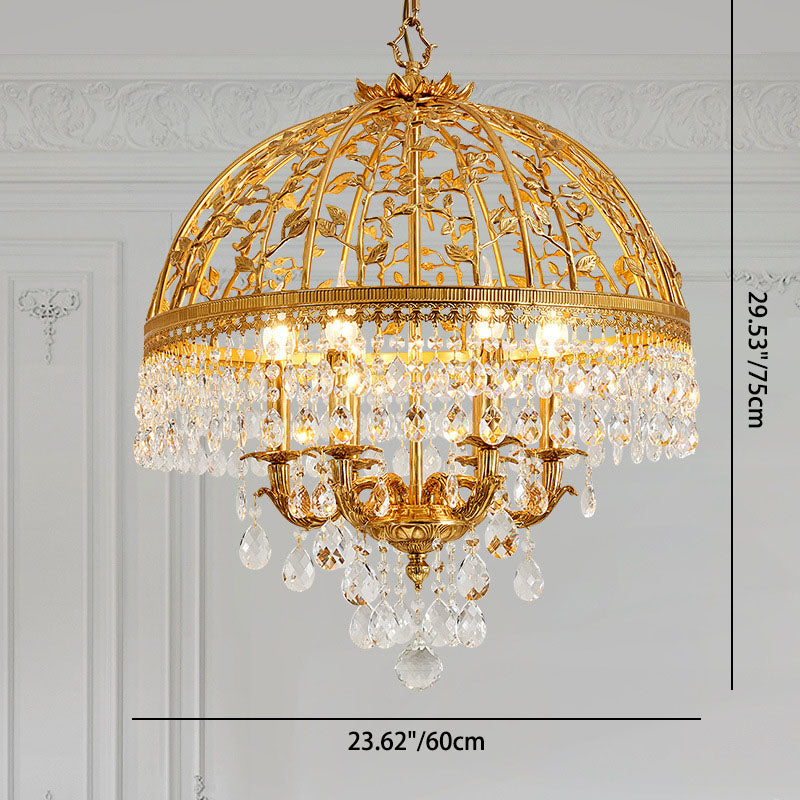 Chandelier à 6 lumières avec branches en cristal et dôme en cuivre de luxe traditionnel pour salle à manger 