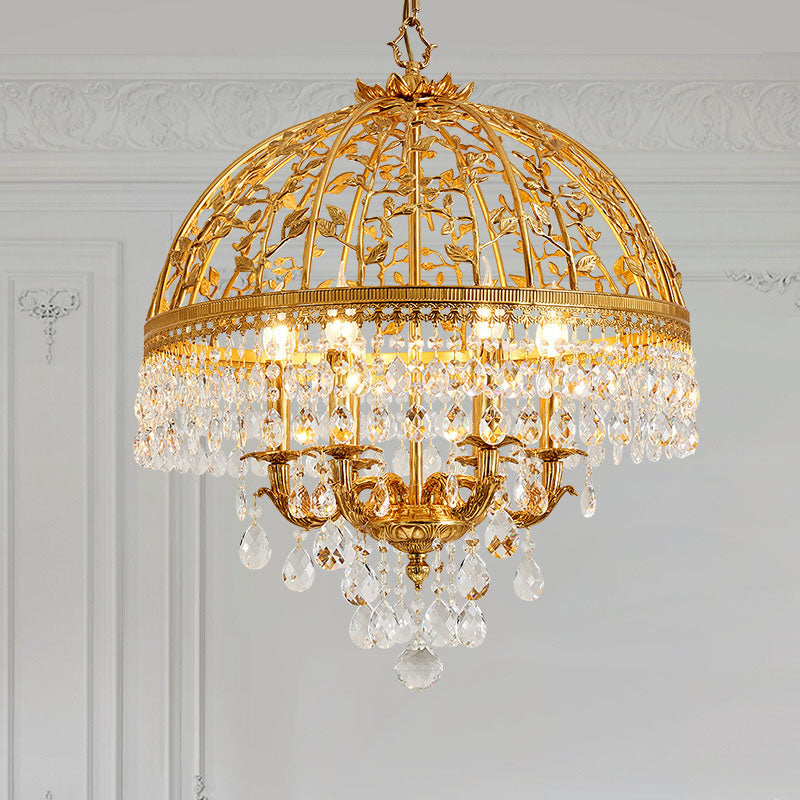 Chandelier à 6 lumières avec branches en cristal et dôme en cuivre de luxe traditionnel pour salle à manger 