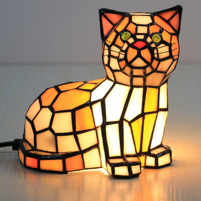 Lámpara de mesa de 1 luz con diseño de gato de vidrio Tiffany tradicional para dormitorio 
