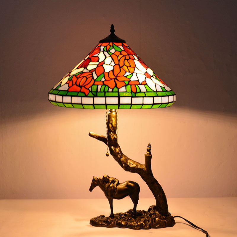 Traditional Tiffany Resin Glass Dome Conic Hemispheric Branch Horse Base 2-Light Table Lamp For Study