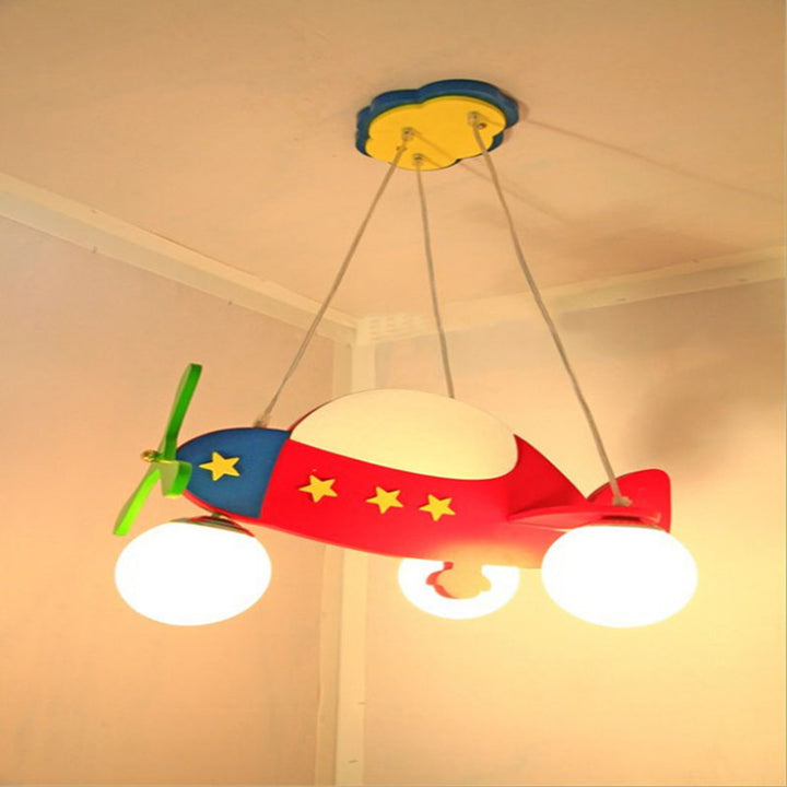 Lámpara de Araña de Madera Creativa Contemporánea con Avión de Vidrio de 3 Luces para Dormitorio 