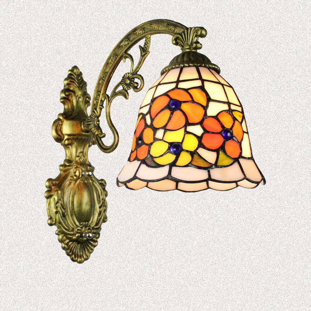 Traditionelle Tiffany Flower Cup Eisen Buntglas 1-Licht Wandleuchte Lampe für Wohnzimmer 
