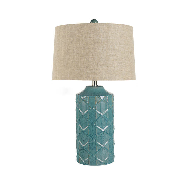 Lampe de Table en Céramique à Rayures Cylindriques Vintage Traditionnelle avec Base en Tissu et 1 Lumière pour Chambre 