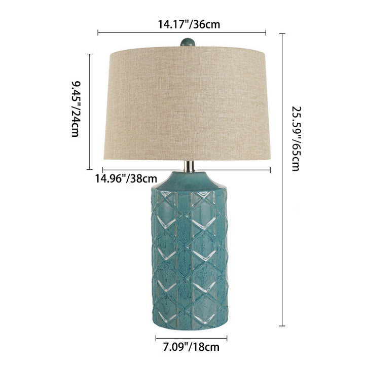 Lampe de Table en Céramique à Rayures Cylindriques Vintage Traditionnelle avec Base en Tissu et 1 Lumière pour Chambre 
