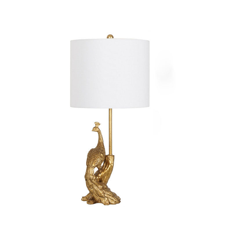 Traditional Vintage Cylindrical Peacock Resin Gold Foil Fabric 1-Light Table Lamp For Bedroom